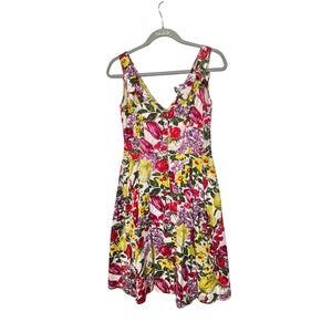 Baraschi Floral Cotton Sun Dress V-Neck Button Back Multicolor 5039 Size S